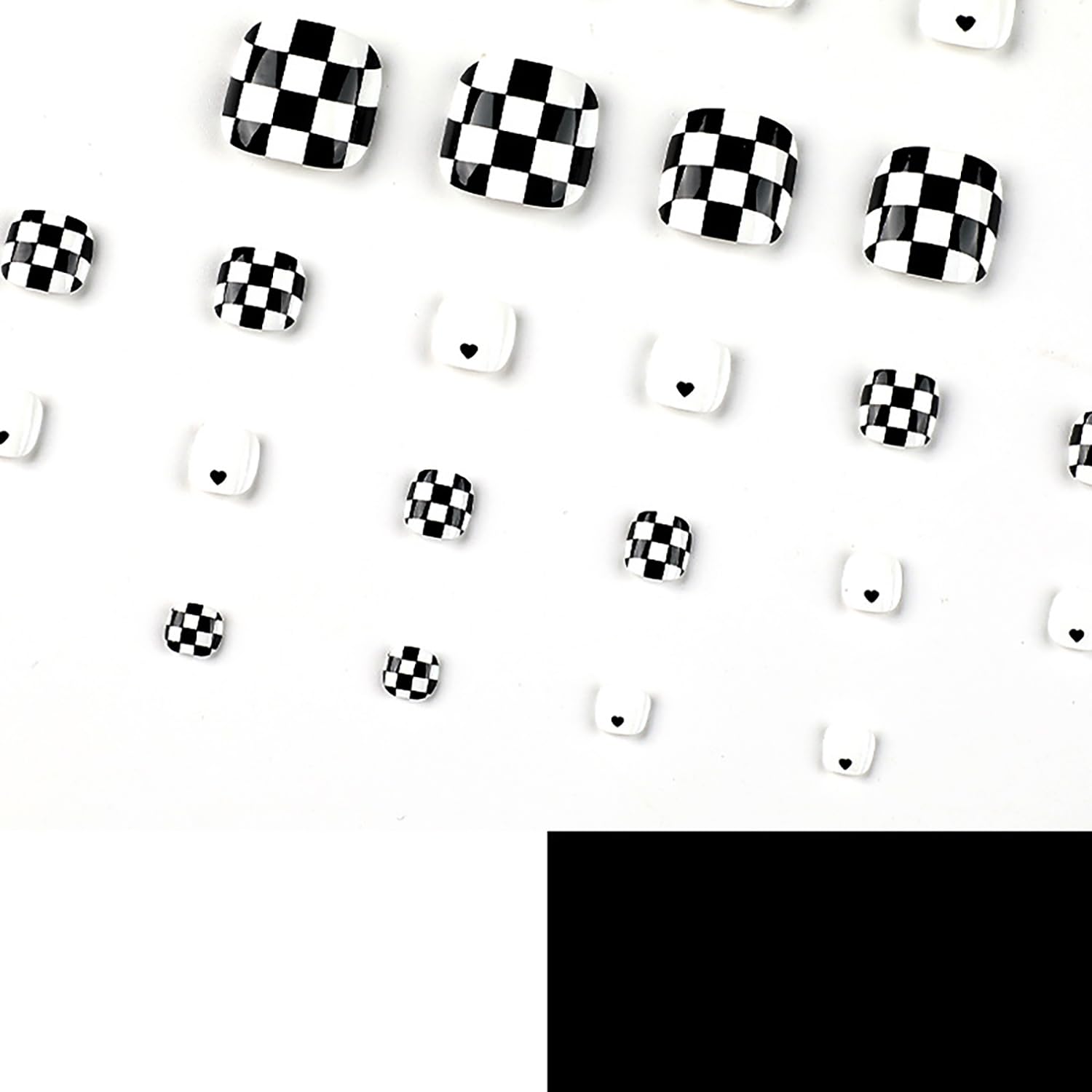 Vezocim Uñas postizas a presión con diseños de tablero de ajedrez blanco y negro, 24 uñas postizas blancas artificiales para los dedos, uñas