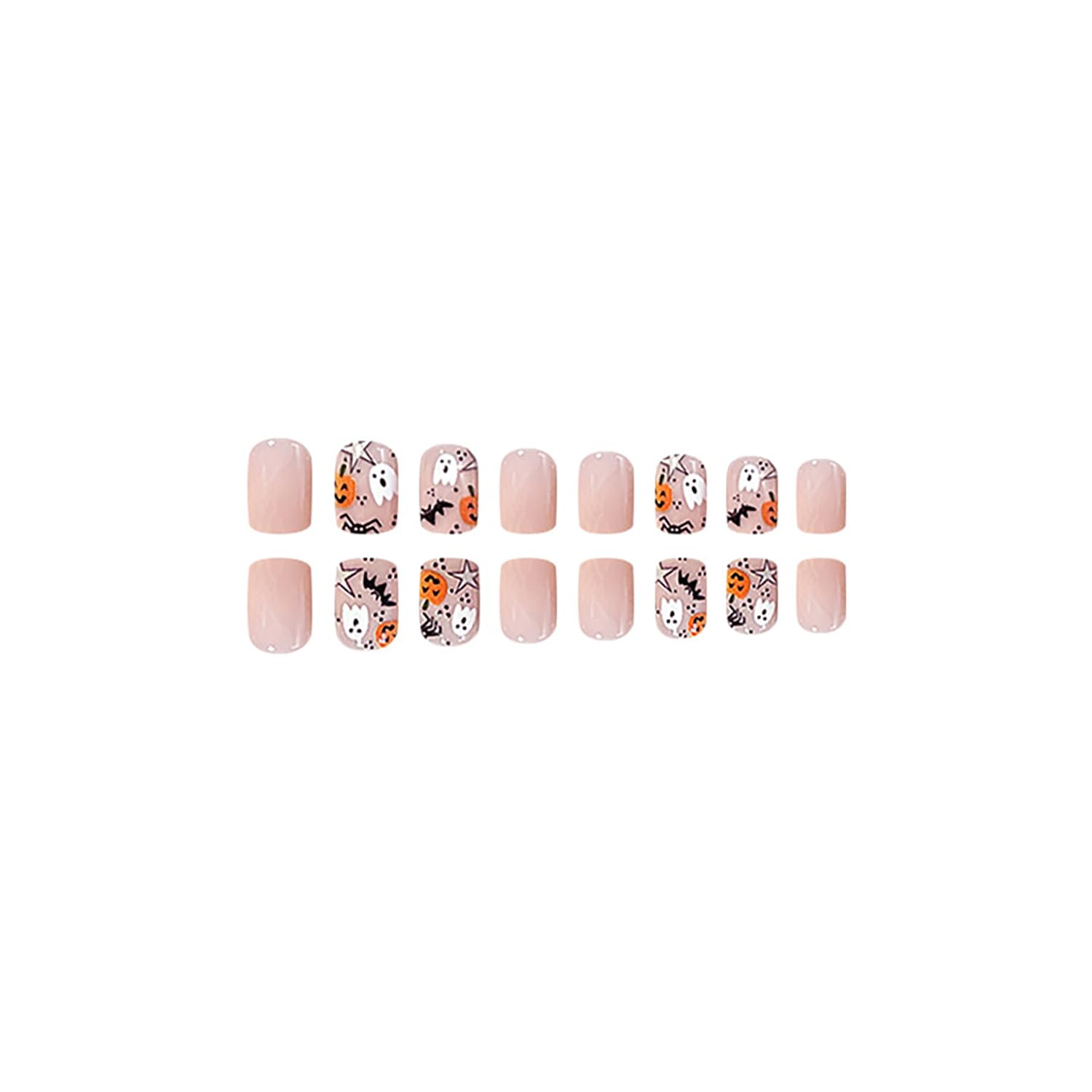 Uñas postizas a presión de Halloween de color rosa, uñas postizas cortas cuadradas de cobertura completa con diseños de murciélago, fantasma,