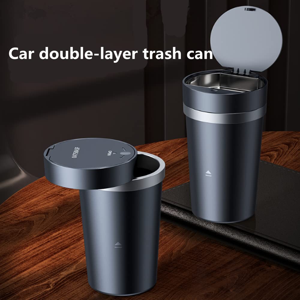 Tumecos Bote de basura para automóvil, portavasos, botella de vehículo, cubo de basura con tapa, caja de polvo y soporte para tazas (negro)