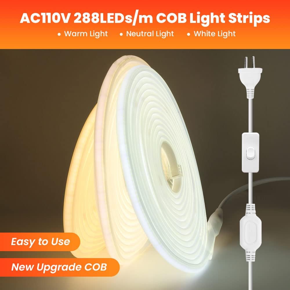 XUNATA COB – Tira de luces LED de neón de 16.4 pies, 110 V 288 LEDsm, tira de luces LED FCOB impermeable, flexible, súper brillante, tira de neón de