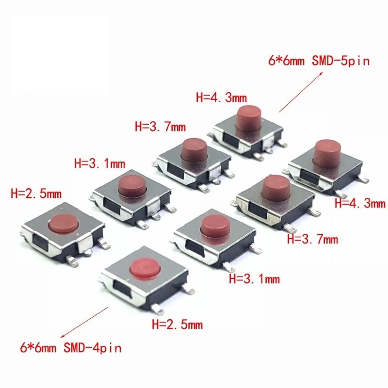 20 unidadeslote, 6 x 6 x 2.53.13.70.169 in, interruptor SMD de 45 pines, micro interruptor táctil, interruptor táctil rojo 6X6, interruptor táctil