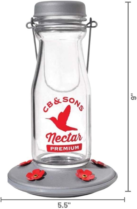 More Birds – Comedero para colibríes, con botella de leche de vidrio para colibríes para exteriores, 5 estaciones de alimentación, 18 onzas