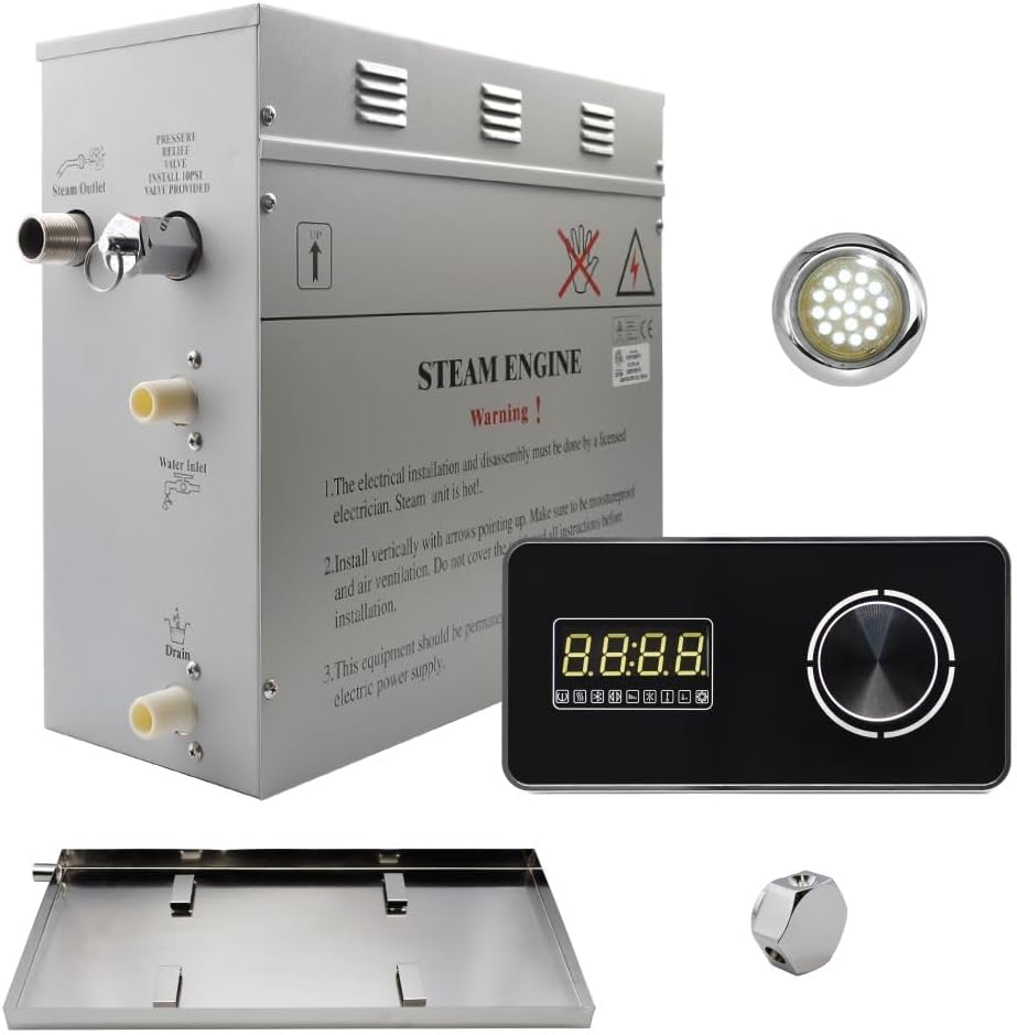 STEAM PLANET Superior Encore – Kit generador de ducha de vapor de 6 kW con teclado horizontal negro, bandeja de goteo y luz blanca, generador de