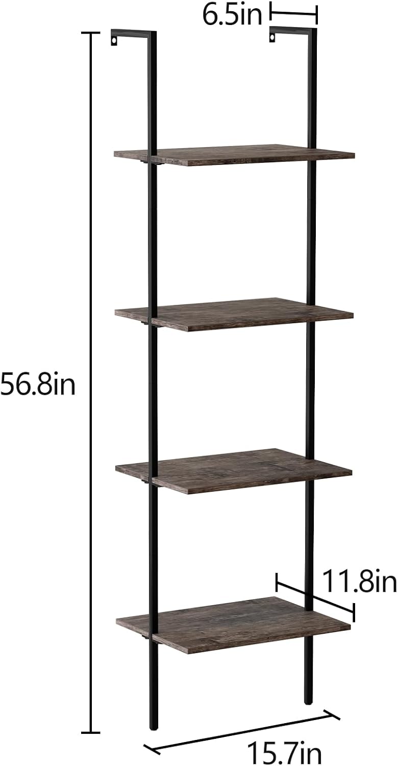 Estantería de escalera de metal industrial de 4 niveles, estante de almacenamiento alto abierto de madera marrón y estantes de exhibición, estuche