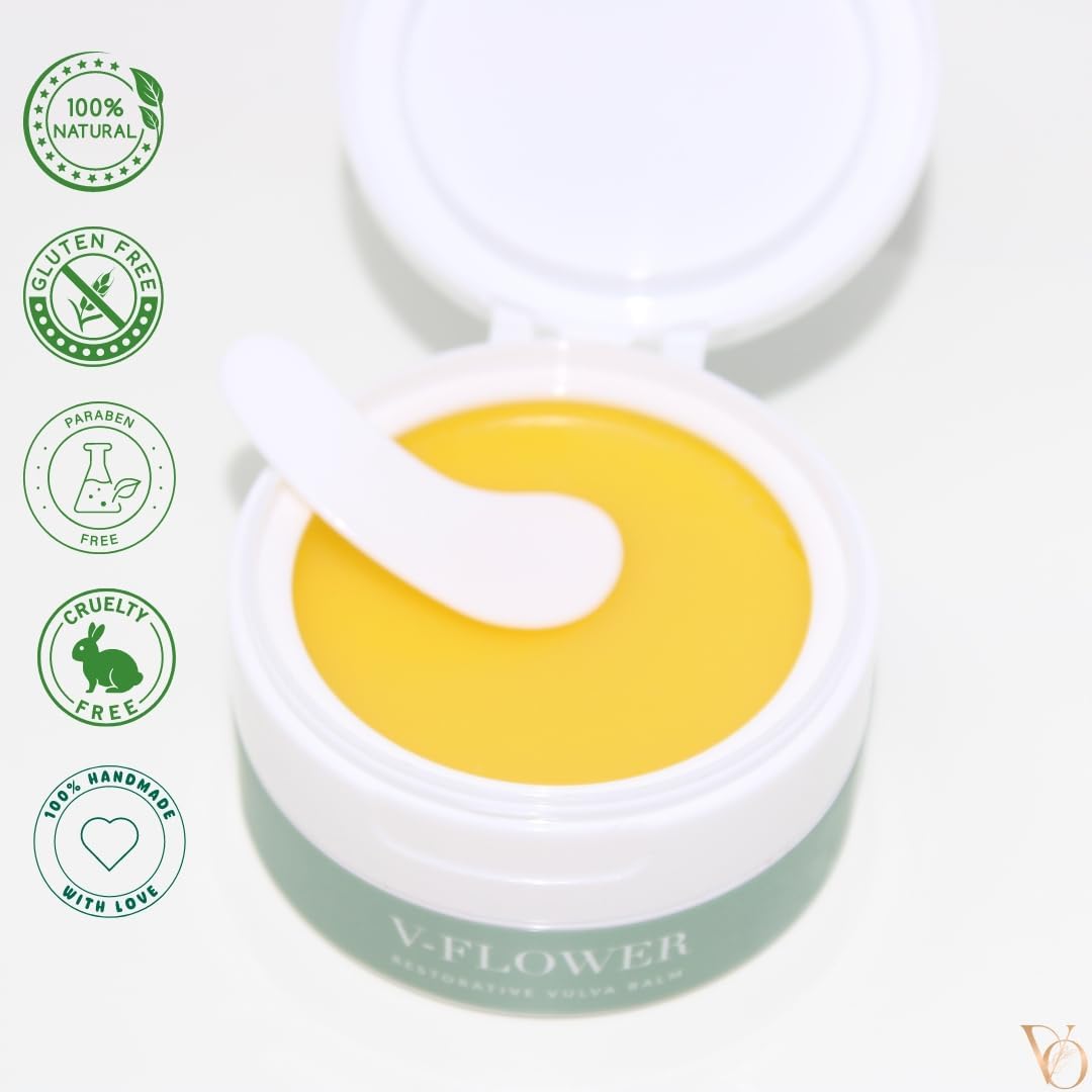 V-Ology V-Flower Balm – Bálsamo orgánico vulva, alivia la sequedad femenina, picazón, enrojecimiento, ardor, olor, rozaduras e irritación,