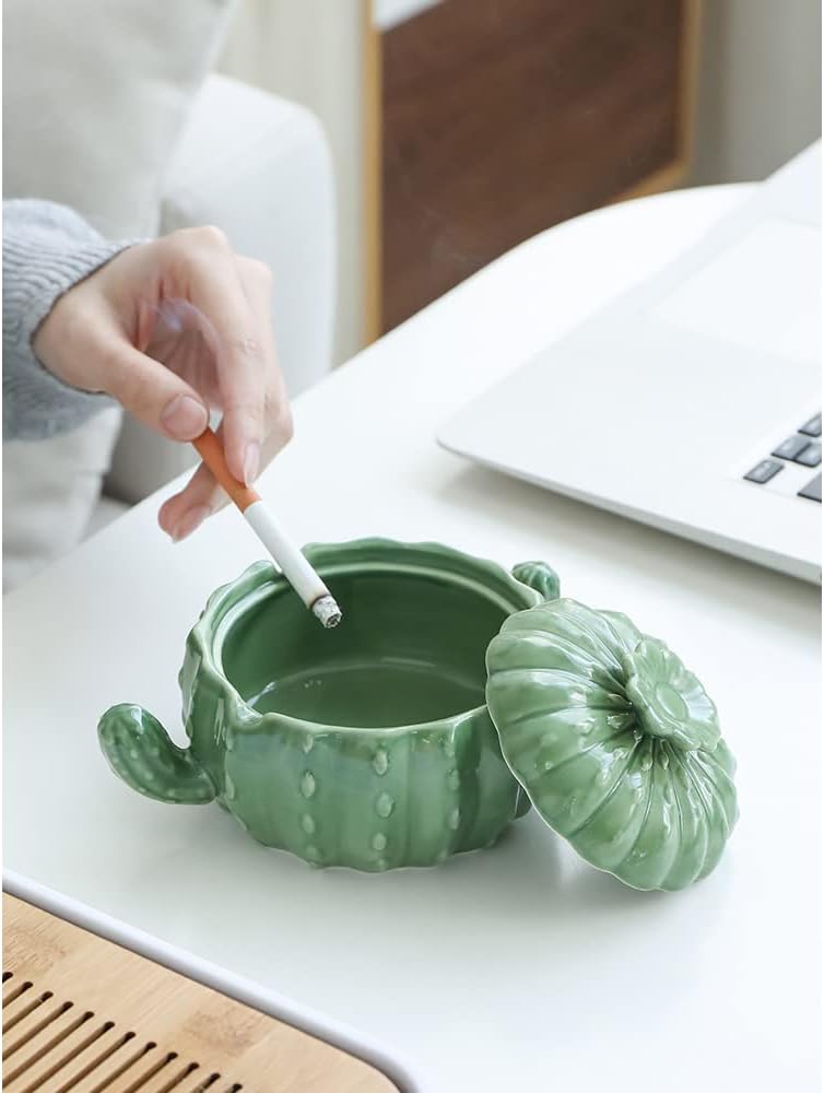 wybcfp Cenicero creativo en forma de cactus verde con tapa, cenicero de cerámica verde con tapa, cenicero para manualidades, resistente al viento,