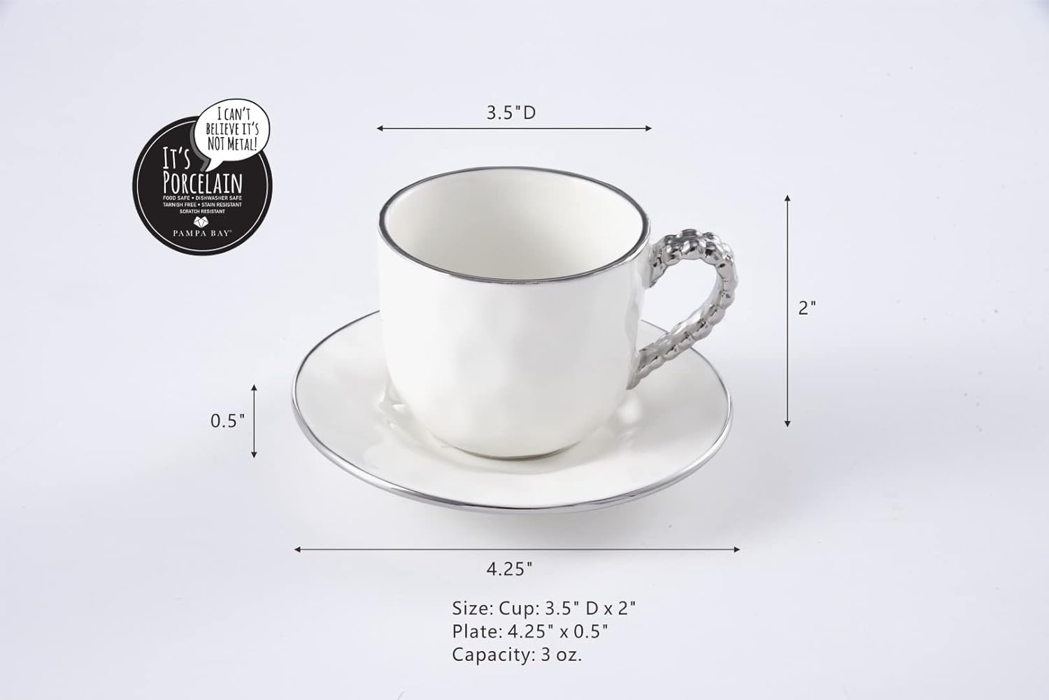 Pampa Bay Salerno – Taza y platillo de porcelana chapada en titanio, 3.35 x 4.25 pulgadas