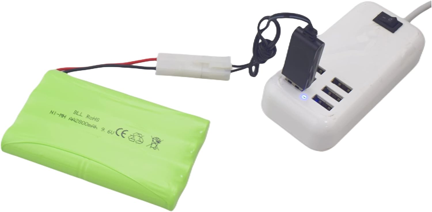 2 baterías recargables AA de 9.6 V 2800 mAh con enchufe Tamiya y cable de carga USB para vehículos de control remoto, camiones, tanques, vehículos