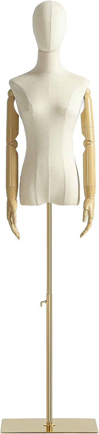 Vestido de maniquí femenino con forma de torso, cuerpo de maniquí de exhibición con cabeza desmontable, manos de madera y soporte dorado de altura