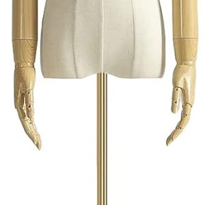 Vestido de maniquí femenino con forma de torso, cuerpo de maniquí de exhibición con cabeza desmontable, manos de madera y soporte dorado de altura Vestido de maniquí femenino con forma de torso, cuerpo de maniquí de exhibición con cabeza desmontable, manos de madera y soporte dorado de altura