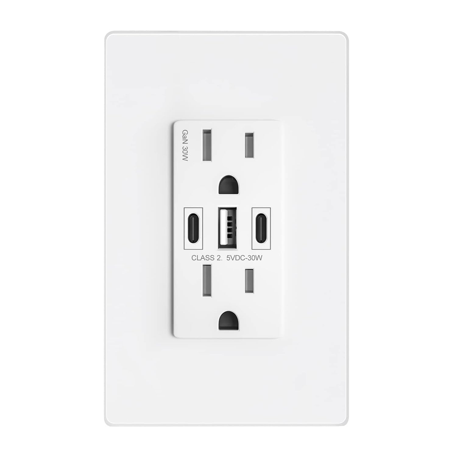 Amerisense GaN – Toma de pared USB de 30 W, 6 amperios, 3 puertos, receptáculo resistente a manipulaciones de 15 amperios con 2 puertos USB tipo C y