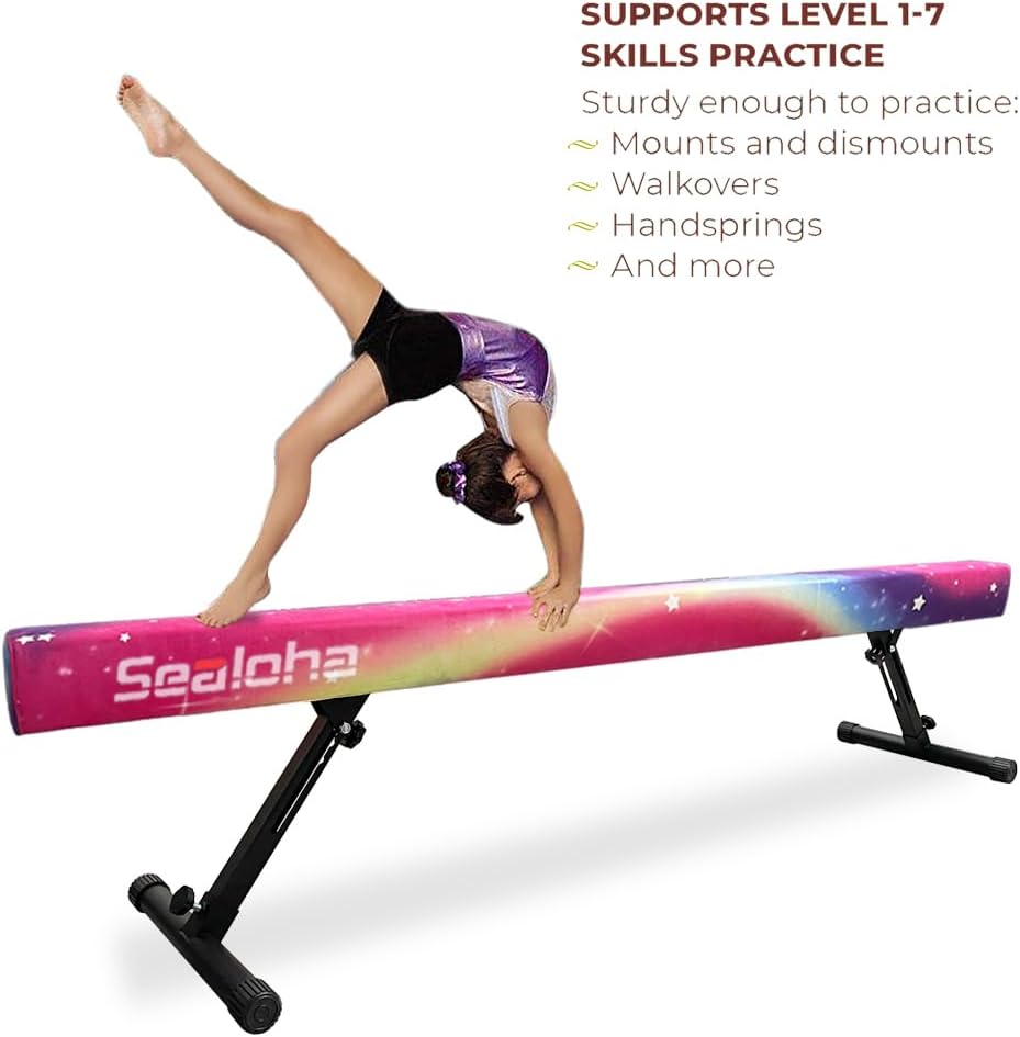 Sealoha 8ft Ultrasimple Adjustable&Foldable Balance Beam,High-Low Floor Beam Suede Gymnastics Equipment,No Tool Require, Gymnastics Beam for