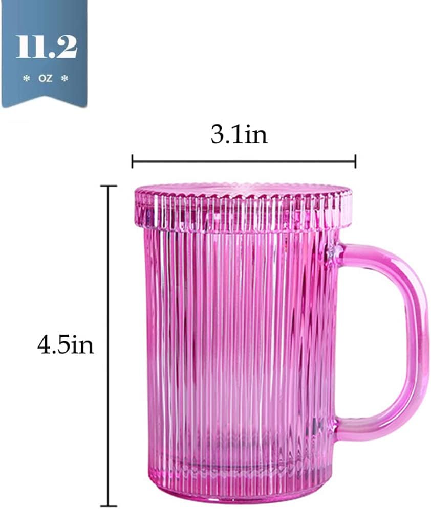 Tazas de café de vidrio transparente acanaladas vintage de 11 onzas, taza de café clásica con rayas verticales con tapa de vidrio para compromiso,