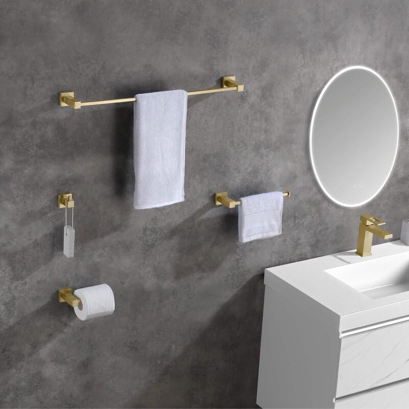 KIBI Cube – Juego de accesorios de baño de 5 piezas  Toallero, anillo para toallas, soportes para papel higiénico, ganchos para bata (oro cepillado)