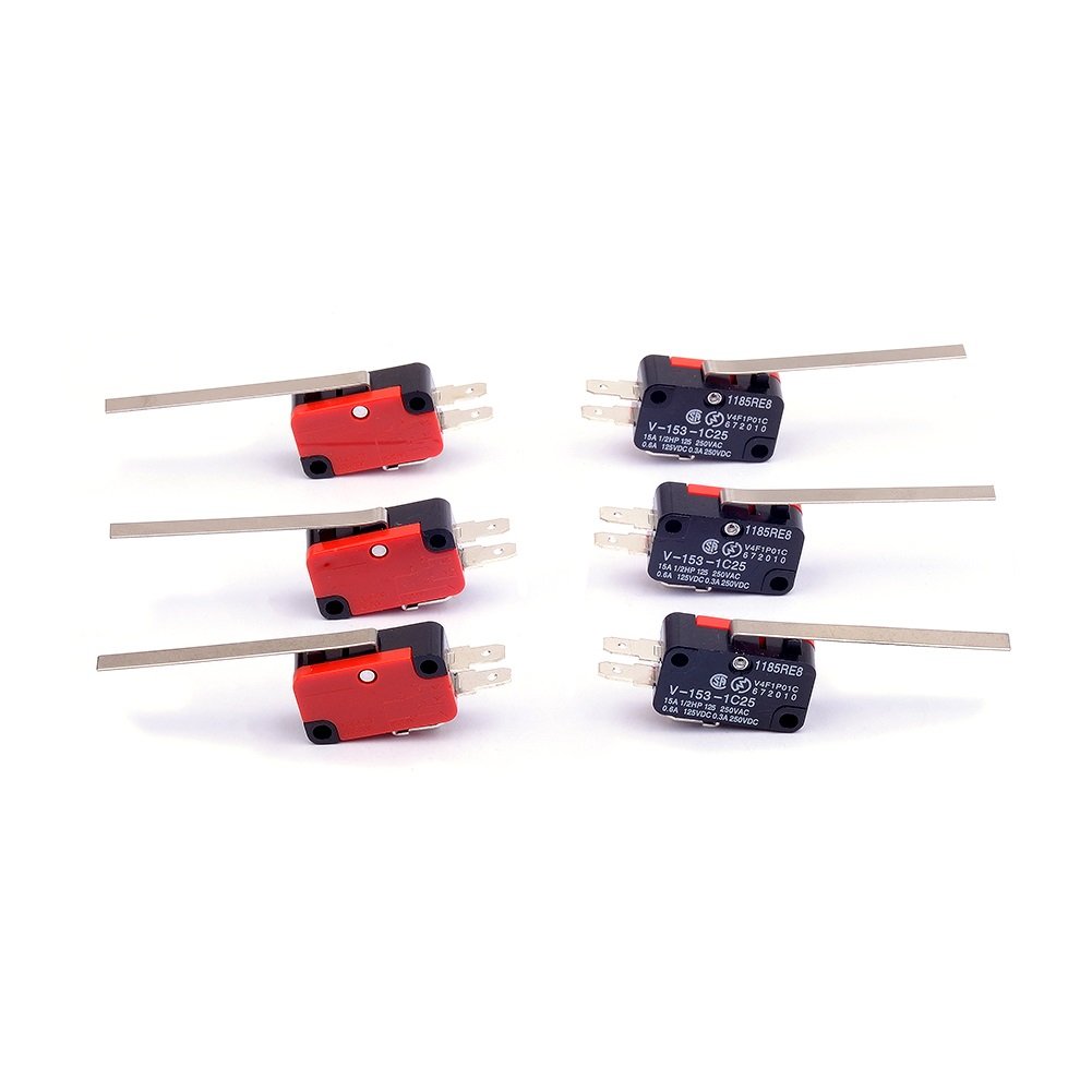 6 piezas V-153-1C25 Micro interruptor de límite largo recto bisagra palanca brazo SPDT Snap Action LOT para Arduino (paquete de 6) CYT1068