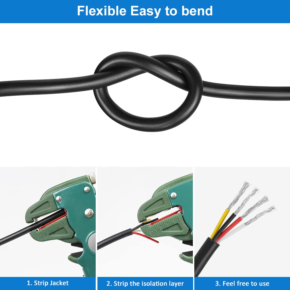 Cable eléctrico de calibre 14 y 4 conductores, cable de 4 cables de cobre estañado trenzado de PVC negro 14 AWG de 33 pies, cable de extensión 144
