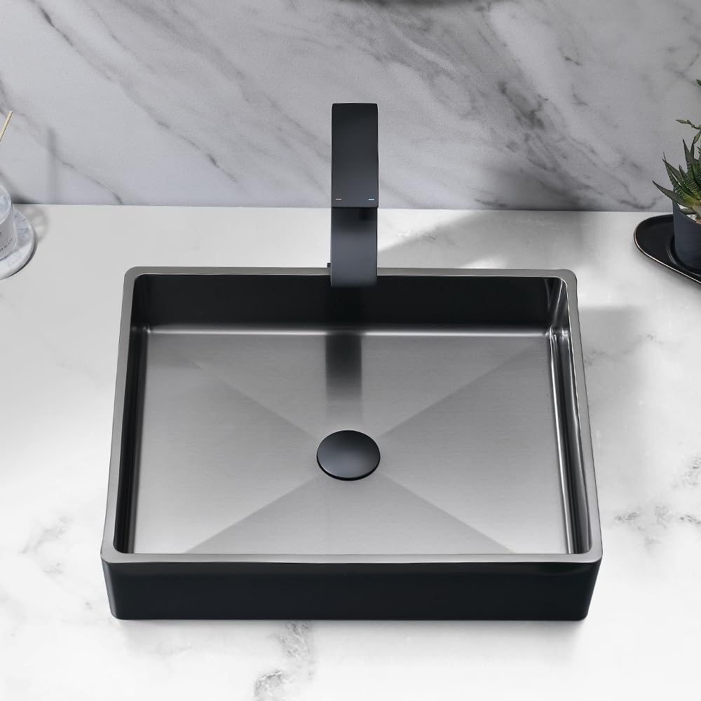 Fregadero de baño negro de 16 x 12 pulgadas, fregadero rectangular sobre mostrador para baño, fregadero de acero inoxidable negro calibre 16 con