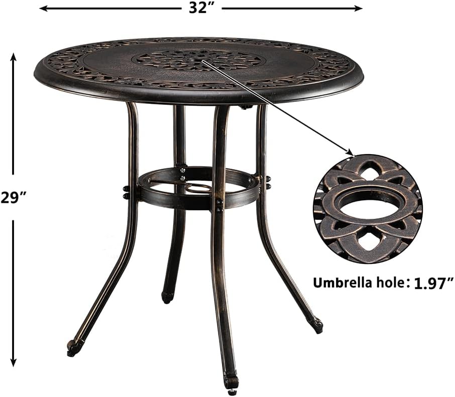 Henf Mesa de comedor de aluminio fundido para exteriores con agujero de paraguas de 2 pulgadas, 32 pulgadas de diámetro, mesa de comedor redonda