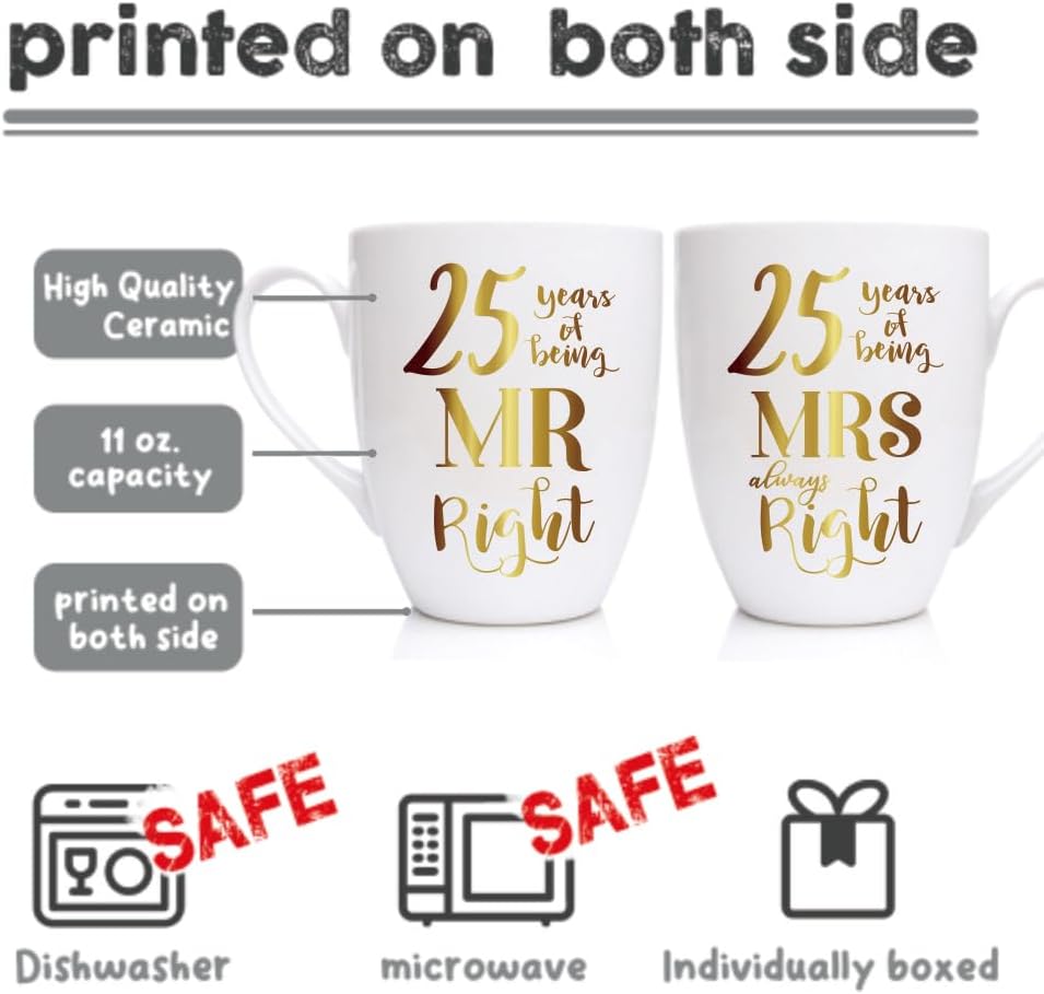 MNEDLAD Juego de 2 tazas de 25 años de aniversario de boda, 25 años de ser el señor y la señora siempre derecha, regalos de boda, tazas de café,