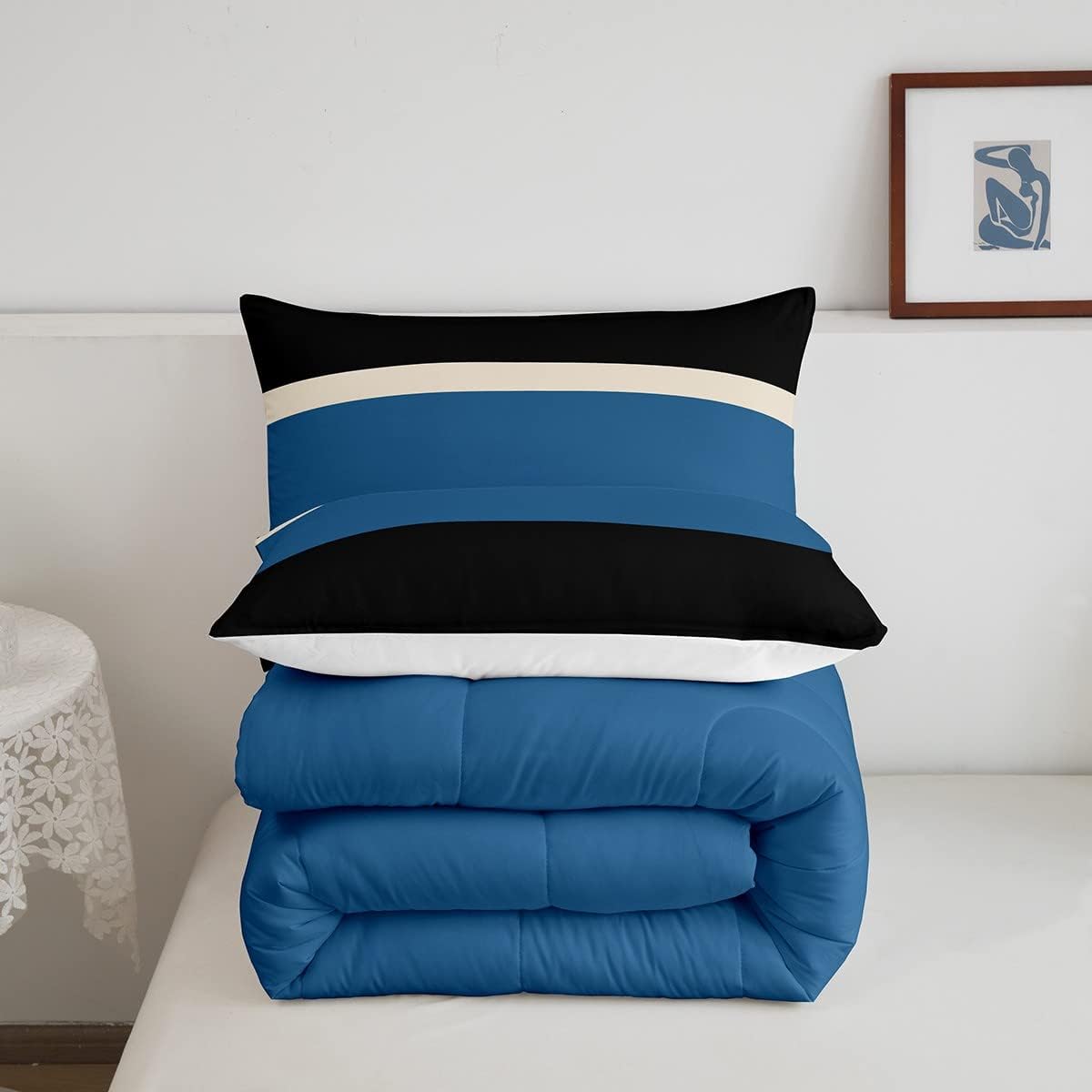 Erosebridal Juego de edredón a rayas negras y azules para niños, tamaño individual, juego de ropa de cama de rayas de retazos azul marino para