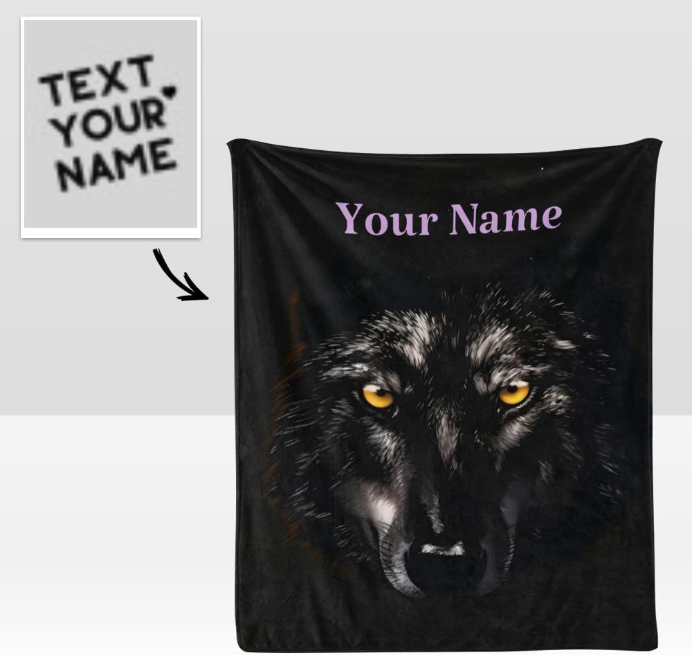 Manta personalizada con el texto de tu nombre, manta de forro polar supersuave de lobo negro para sofá, cama (50 x 60 pulgadas)