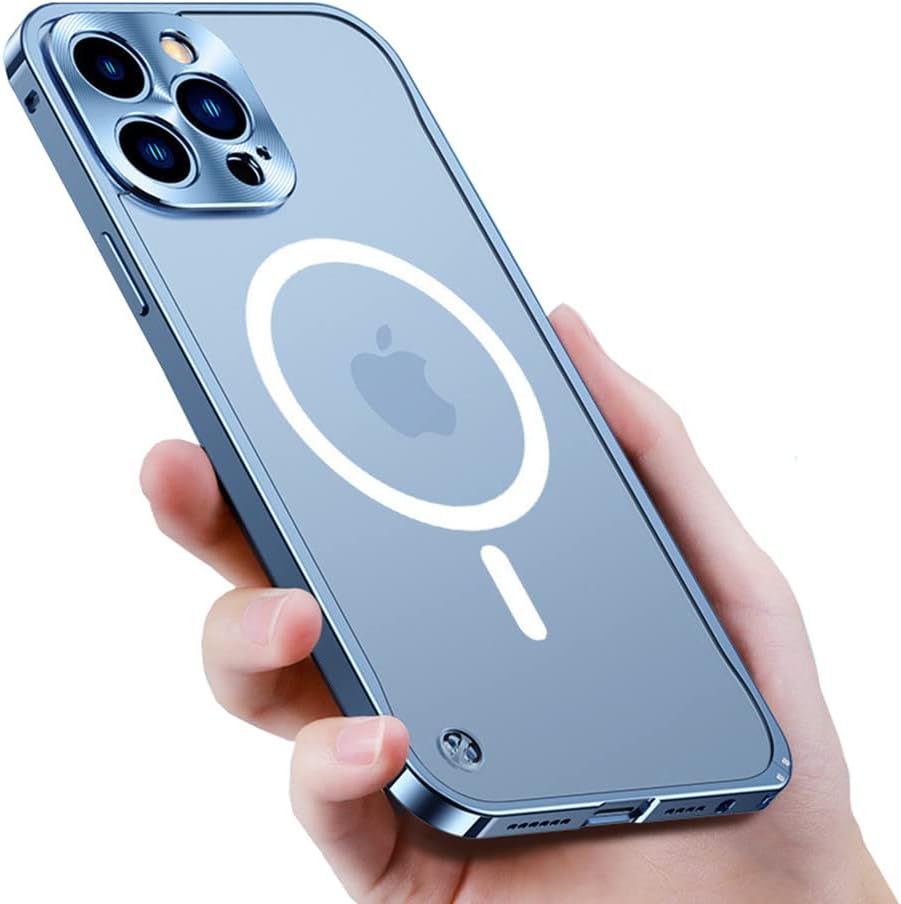 Funda magnética para iPhone 14 Pro compatible con MagSafe de aleación de aluminio de metal parachoques mate translúcido con protector de lente de