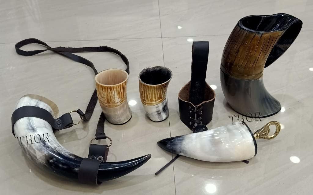 Juego de jarras hechas a mano para cerveza, mead, vino, vikingo, bocina de buey auténtica, taza para beber con funda de cinturón de cuerno, abridor
