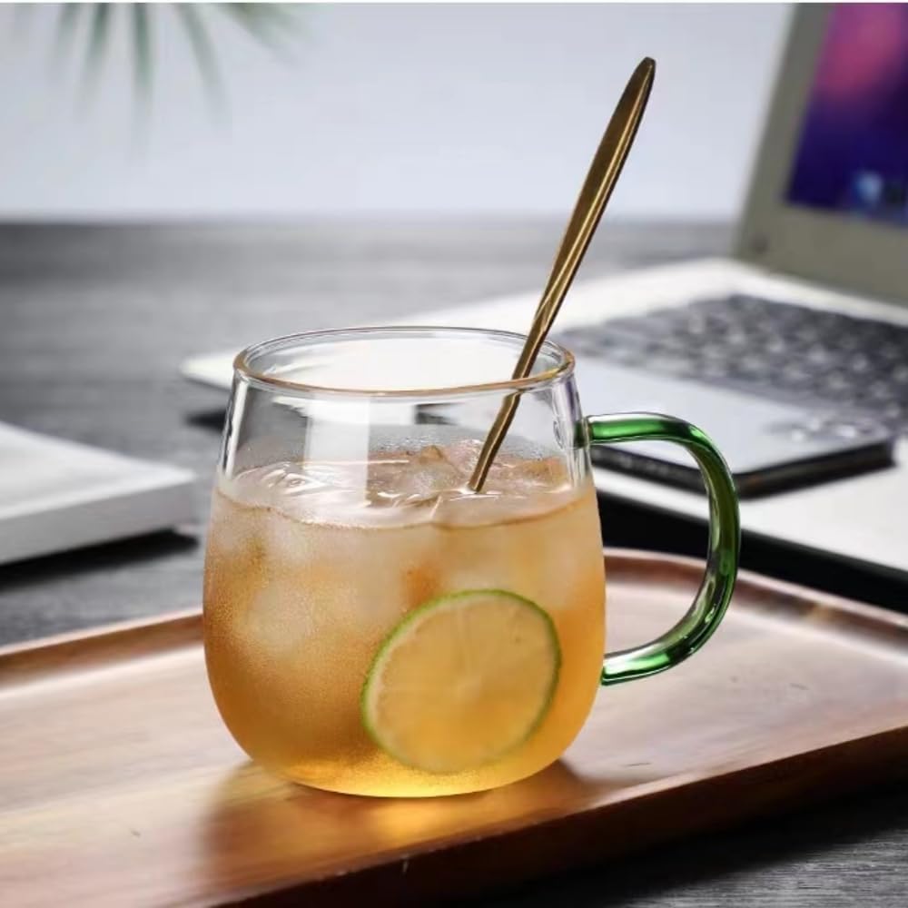 Taza de vidrio transparente con asa, mango verde16 oz, taza de vidrio de borosilicato alto para tazas de café de vidrio grandes con asa, tazas para