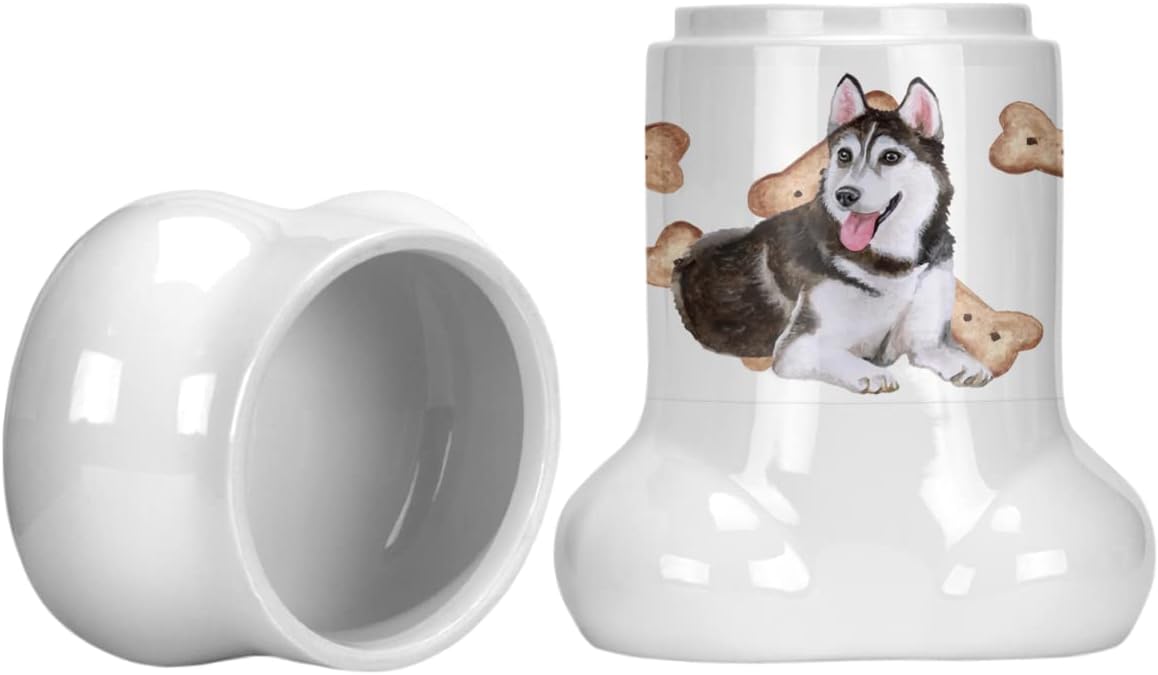 Caroline’s Treasures CK2292BSTJ Husky siberiano #2 – Tarro de golosinas en forma de hueso para perros con tapa para galletas y galletas, color blanco