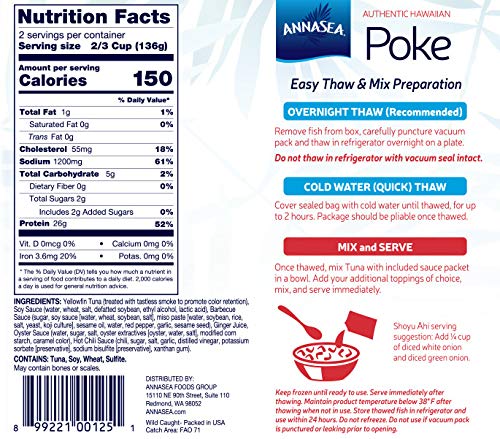 Annasea Kit Frozen Poke (Shoyu Ahi) – Paquete de 4, atún sostenible atrapado en vara