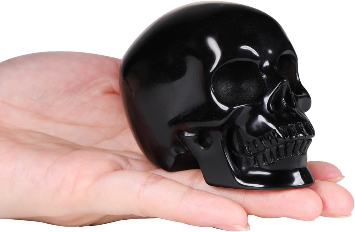 Estatua decorativa de calavera de cristal de obsidiana negra de 2.5 pulgadas, piedra curativa de cristal, escultura de calavera humana tallada a