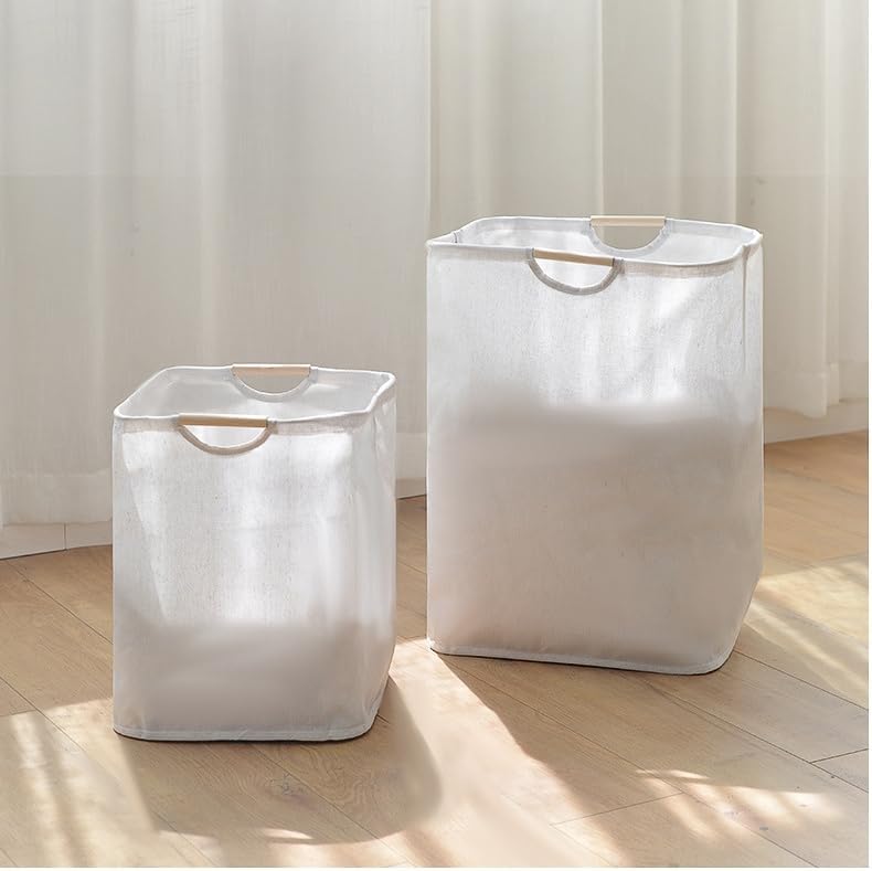 Cesta de lavandería impermeable de 100 L, cesta de lavandería extragrande con mango de madera, cesta de almacenamiento de ropa plegable para