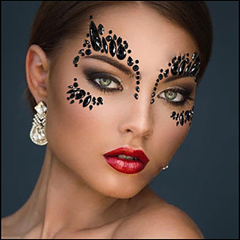 Paquete de 4 calcomanías de cristal negro para Halloween, tatuajes faciales, diseño de festival de Halloween, diseño de cara de sirena, diamantes de
