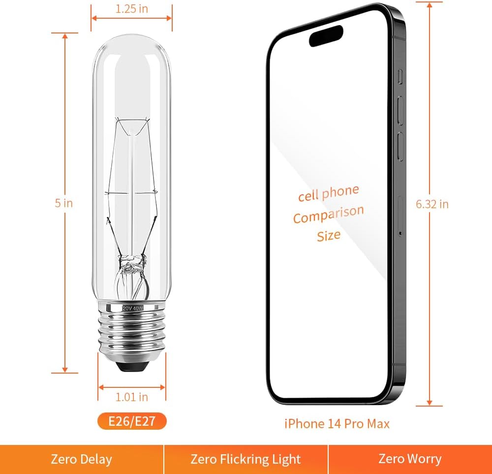 Bombilla incandescente tubular transparente T10 de 40 vatios, base media E26, 2700 K blanco suave, 280 lúmenes, lámpara de escaparate. (6)
