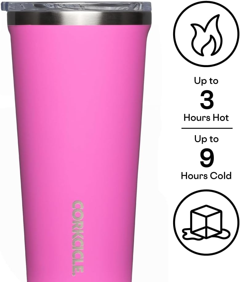Corkcicle Taza de café clásica con triple aislamiento con tapa, rosa Miami, 24 onzas, vaso de viaje de acero inoxidable mantiene las bebidas frías