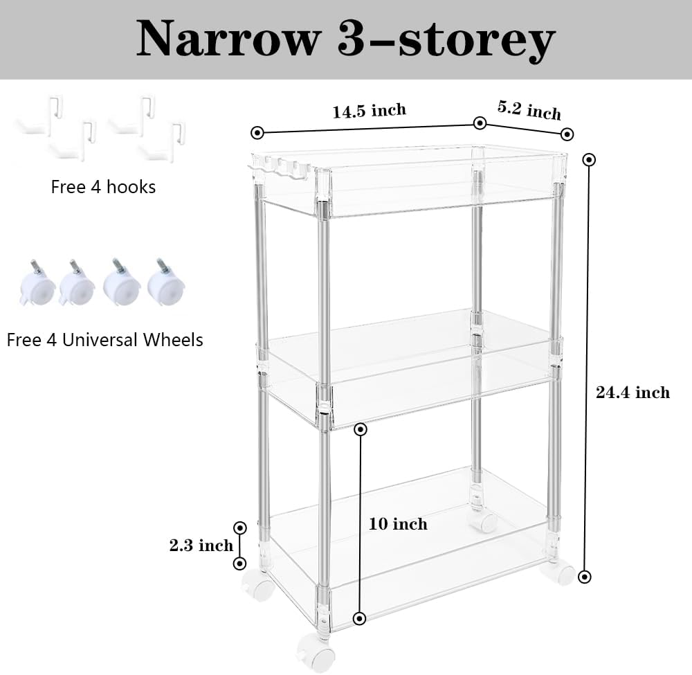 Carrito de almacenamiento versátil y transparente, diseño delgado, organizador multiusos de 3 niveles para cocina, baño, oficina y más (delgado de 3