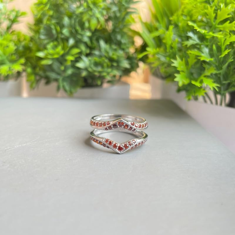 Red Garnet V Shaped Enhancer Guard For Women, 14k White Gold Finish Garnet Anniversary Wrap Ring, Anniversary Band