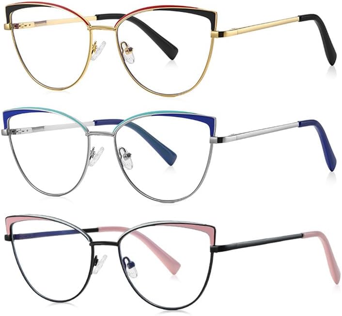 Paquete de 3 lentes de lectura progresivos multienfoque con borde de metal para mujer, con bloqueo de luz azul
