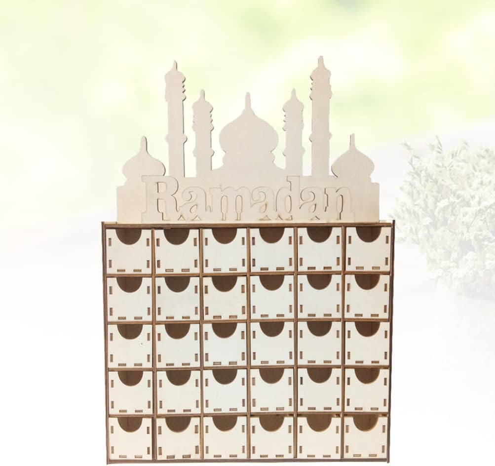 ULTNICE Calendario de Adviento de madera, calendario de cuenta regresiva de Eid Mubarak, cajón de madera, decoración de Ramadán musulmán para