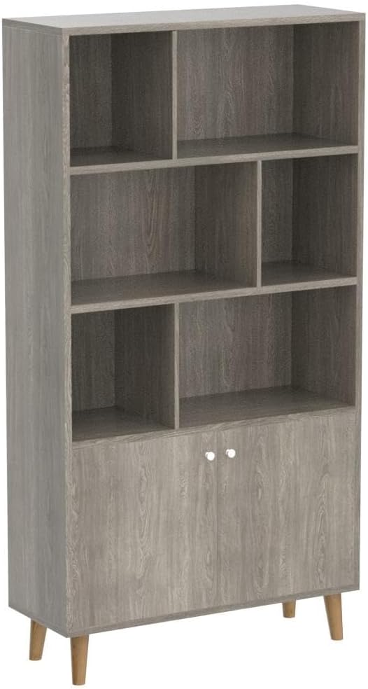 Estantería moderna con 2 puertas, organizador de estante para exhibición, biblioteca de madera con 6 gabinetes de almacenamiento para oficina en