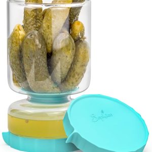 SOPHICO Contenedor de vidrio para pepinillos y aceitunas con colador, separador de jugo a prueba de fugas, almacenamiento de alimentos con reloj de SOPHICO Contenedor de vidrio para pepinillos y aceitunas con colador, separador de jugo a prueba de fugas, almacenamiento de alimentos con reloj de