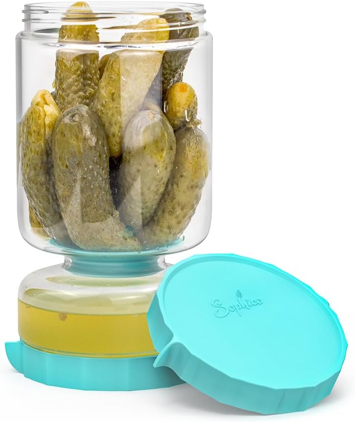 SOPHICO Contenedor de vidrio para pepinillos y aceitunas con colador, separador de jugo a prueba de fugas, almacenamiento de alimentos con reloj de