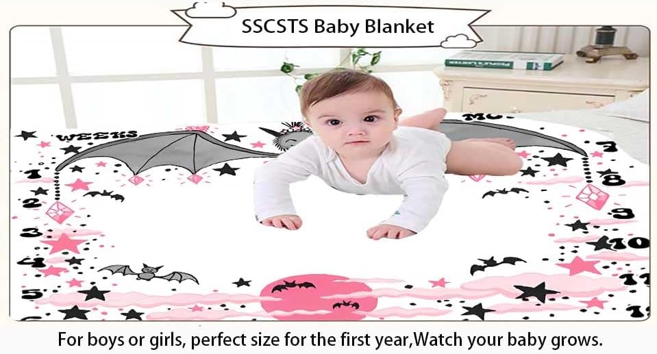 SSCSTS BTDWSS177 – Manta de hitos de murciélago para niño o niña, fondo de fotografía de nube de luna rosa, tabla de crecimiento de edad mensual con