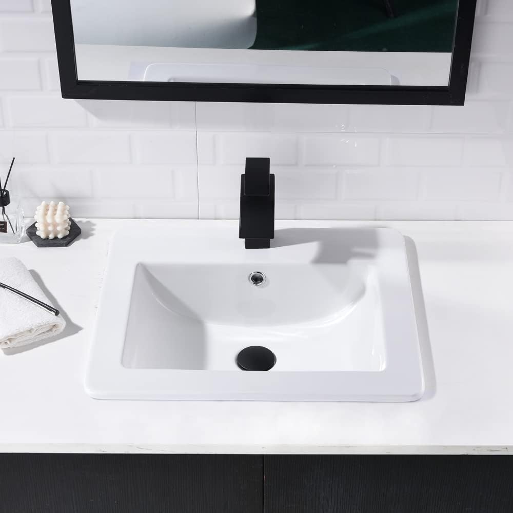 Fregadero de baño de 21 x 18 pulgadas, rectangular, color blanco, de porcelana, de cerámica, con grifo negro y desagüe desplegable