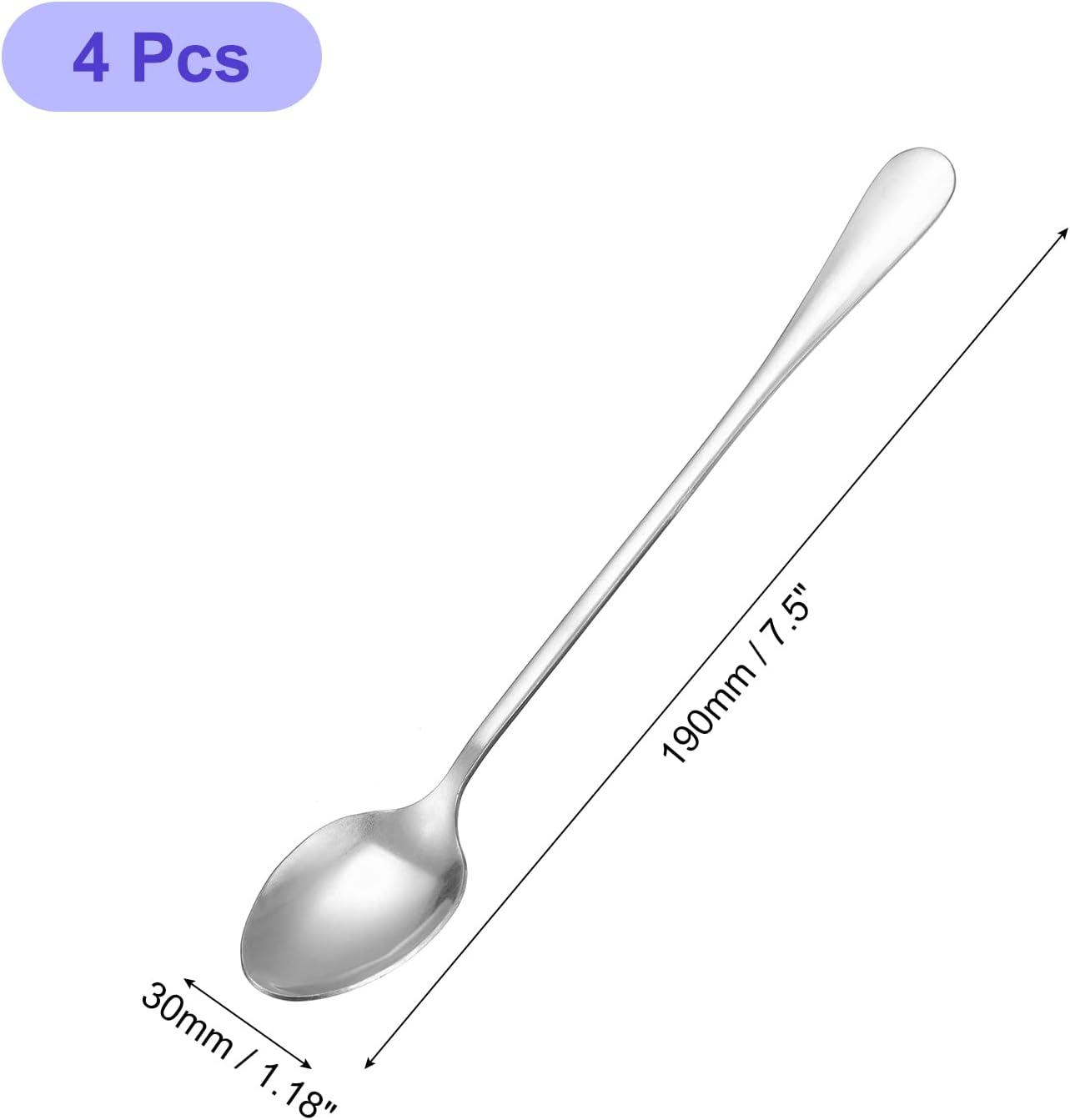uxcell Juego de 4 cucharas de mango largo, cuchara de helado de acero inoxidable de 7.5 pulgadas, cucharas de café para mezclar, bebidas, café