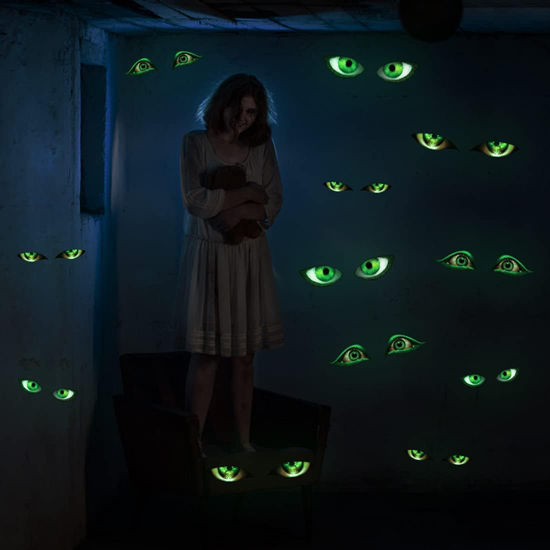 MESU Calcomanías de pared de Halloween que brillan en la oscuridad, calcomanías luminosas de mal de ojo, decoración de techo para habitación de