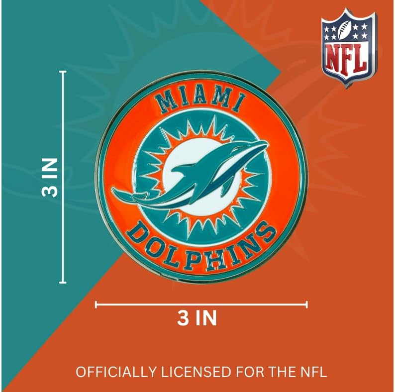 FANMATS – Emblema de metal 3D de los Miami Dolphins NFL para todo tipo de clima, para uso en interiores y exteriores, fácil instalación de despegar