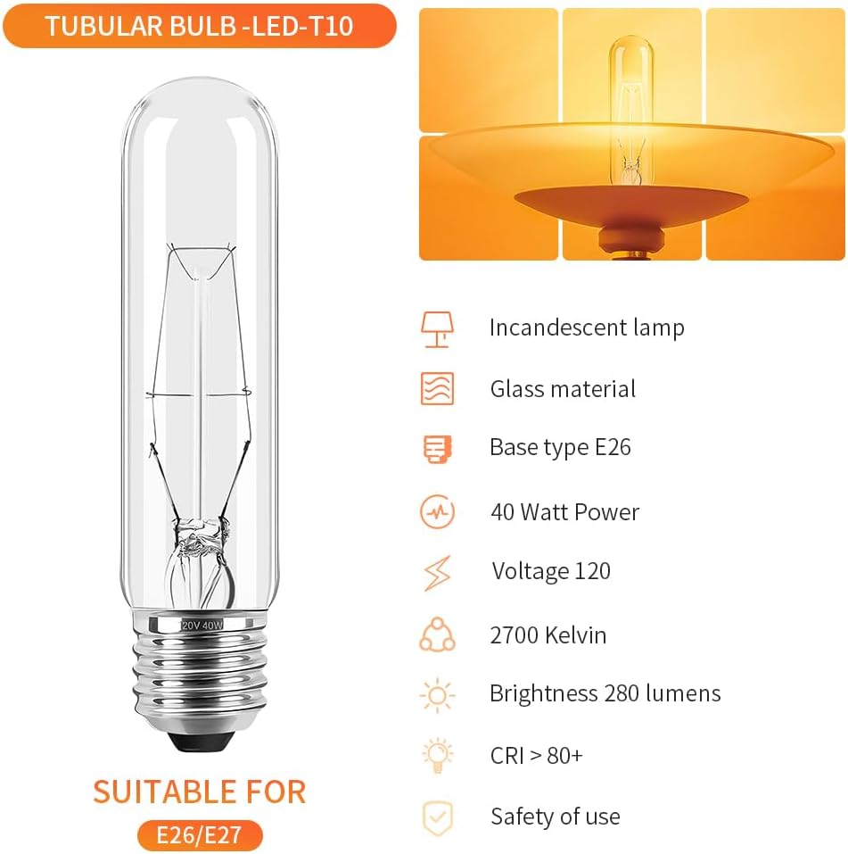 Bombilla incandescente tubular transparente T10 de 40 vatios, base media E26, 2700 K blanco suave, 280 lúmenes, lámpara de escaparate. (6)