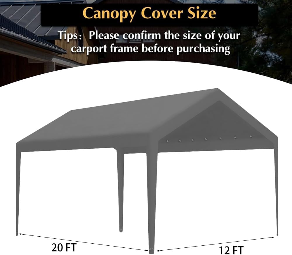 Toldo de repuesto para cochera, cubierta superior de repuesto para marco de cochera de 12 x 20 pies, tela de polietileno de 6.35 oz impermeable y