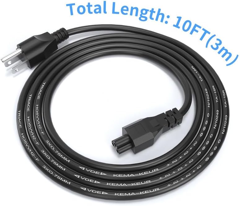 Cable de alimentación de CA de 10 pies (9.8 ft) de largo, cable de alimentación de 10 A 125 V de 3 clavijas de repuesto para HP, Dell, Acer, Lenovo,